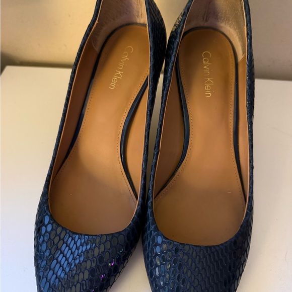 Calvin Klein Navy Blue Textured Pointed-Toe Heels - Picture 3 of 5